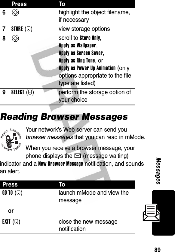 89MessagesReading Browser MessagesYour network’s Web server can send you browser messages that you can read in mMode.When you receive a browser message, your phone displays the X (message waiting) indicator and a New Browser Message notification, and sounds an alert.6S highlight the object filename, if necessary7STORE(+) view storage options8S scroll to Store Only, Apply as Wallpaper, Apply as Screen Saver, Apply as Ring Tone, or Apply as Power Up Animation (only options appropriate to the file type are listed)9SELECT(+) perform the storage option of your choicePress ToGO TO(+)orEXIT(-)launch mMode and view the messageclose the new message notificationPress To