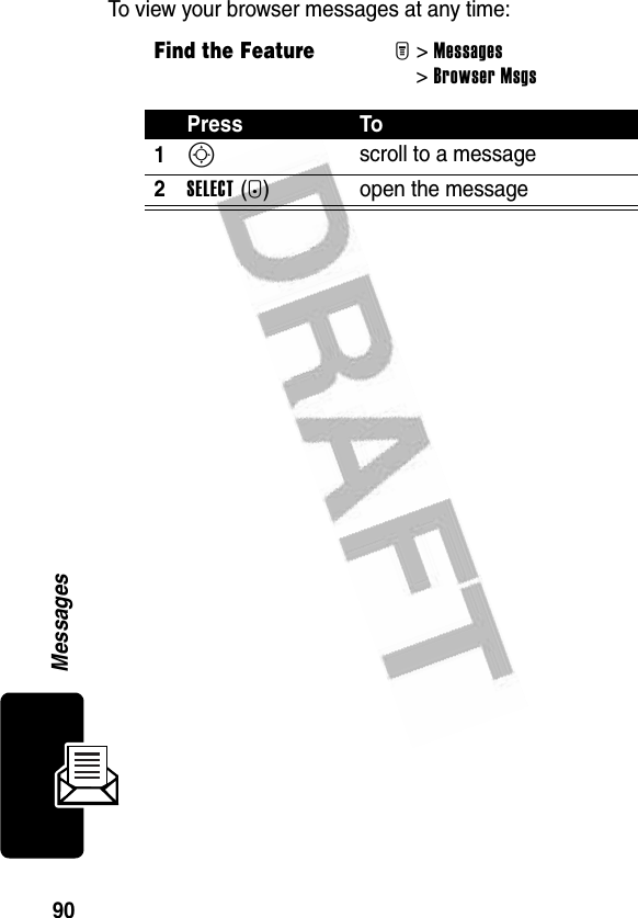 90MessagesTo view your browser messages at any time:Find the FeatureM&gt;Messages &gt;Browser MsgsPress To1S scroll to a message2SELECT(+) open the message