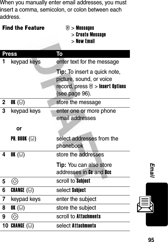 95EmailWhen you manually enter email addresses, you must insert a comma, semicolon, or colon between each address.Find the FeatureM&gt;Messages &gt;Create Message &gt;New EmailPress To1keypad keys enter text for the messageTip: To insert a quick note, picture, sound, or voice record, press M&gt;Insert Options (see page 96).2OK(+) store the message3keypad keysorPH. BOOK(+)enter one or more phone email addressesselect addresses from the phonebook4OK(+) store the addressesTip: You can also store addresses in Cc and Bcc 5S scroll to Subject6CHANGE(-)select Subject 7keypad keys enter the subject8OK(+) store the subject9S scroll to Attachments10CHANGE(-)select Attachments