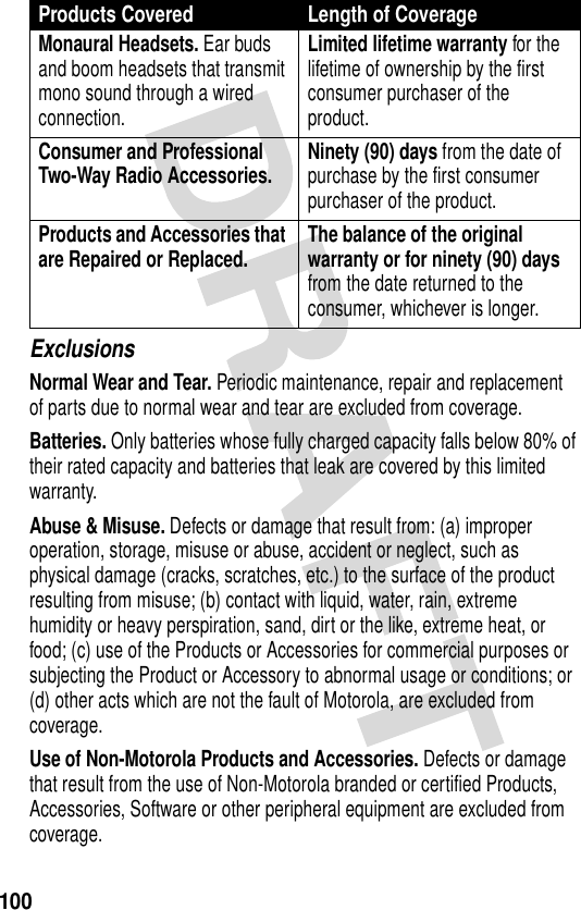 100ExclusionsNormal Wear and Tear. Periodic maintenance, repair and replacement of parts due to normal wear and tear are excluded from coverage.Batteries. Only batteries whose fully charged capacity falls below 80% of their rated capacity and batteries that leak are covered by this limited warranty.Abuse &amp; Misuse. Defects or damage that result from: (a) improper operation, storage, misuse or abuse, accident or neglect, such as physical damage (cracks, scratches, etc.) to the surface of the product resulting from misuse; (b) contact with liquid, water, rain, extreme humidity or heavy perspiration, sand, dirt or the like, extreme heat, or food; (c) use of the Products or Accessories for commercial purposes or subjecting the Product or Accessory to abnormal usage or conditions; or (d) other acts which are not the fault of Motorola, are excluded from coverage.Use of Non-Motorola Products and Accessories. Defects or damage that result from the use of Non-Motorola branded or certified Products, Accessories, Software or other peripheral equipment are excluded from coverage.Monaural Headsets. Ear buds and boom headsets that transmit mono sound through a wired connection.Limited lifetime warranty for the lifetime of ownership by the first consumer purchaser of the product.Consumer and Professional Two-Way Radio Accessories. Ninety (90) days from the date of purchase by the first consumer purchaser of the product.Products and Accessories that are Repaired or Replaced. The balance of the original warranty or for ninety (90) days from the date returned to the consumer, whichever is longer.Products Covered Length of Coverage