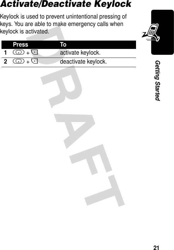 21Getting StartedActivate/Deactivate KeylockKeylock is used to prevent unintentional pressing of keys. You are able to make emergency calls when keylock is activated.Press To1i + *activate keylock.2i + *deactivate keylock.