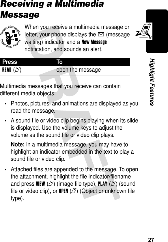 27Highlight FeaturesReceiving a Multimedia MessageWhen you receive a multimedia message or letter, your phone displays the X (message waiting) indicator and a New Message notification, and sounds an alert.Multimedia messages that you receive can contain different media objects:•Photos, pictures, and animations are displayed as you read the message.•A sound file or video clip begins playing when its slide is displayed. Use the volume keys to adjust the volume as the sound file or video clip plays.Note: In a multimedia message, you may have to highlight an indicator embedded in the text to play a sound file or video clip.•Attached files are appended to the message. To open the attachment, highlight the file indicator/filename and press VIEW(r) (image file type), PLAY(r) (sound file or video clip), or OPEN(r) (Object or unknown file type).Press ToREAD(r) open the message