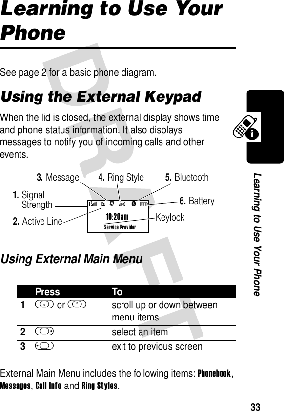 33Learning to Use Your PhoneLearning to Use Your PhoneSee page 2 for a basic phone diagram.Using the External KeypadWhen the lid is closed, the external display shows time and phone status information. It also displays messages to notify you of incoming calls and other events.Using External Main MenuExternal Main Menu includes the following items: Phonebook, Messages, Call Info and Ring Styles.Press To1i or hscroll up or down between menu items2kselect an item3jexit to previous screen@àr(yÉ10:20ams Service Provider1.Signal Strength3.Message Keylock2.Active Line5.Bluetooth4.Ring Style6.Battery