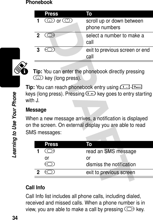 34Learning to Use Your PhonePhonebookTip: You can enter the phonebook directly pressing i key (long press). Tip: You can reach phonebook entry using 1-9 keys (long press). Pressing 5 key goes to entry starting with J. MessageWhen a new message arrives, a notification is displayed on the screen. On external display you are able to read SMS messages:Call InfoCall Info list includes all phone calls, including dialed, received and missed calls. When a phone number is in view, you are able to make a call by pressing k key.Press To1i or hscroll up or down between phone numbers2kselect a number to make a call3jexit to previous screen or end callPress To1korjread an SMS messageor dismiss the notification2jexit to previous screen