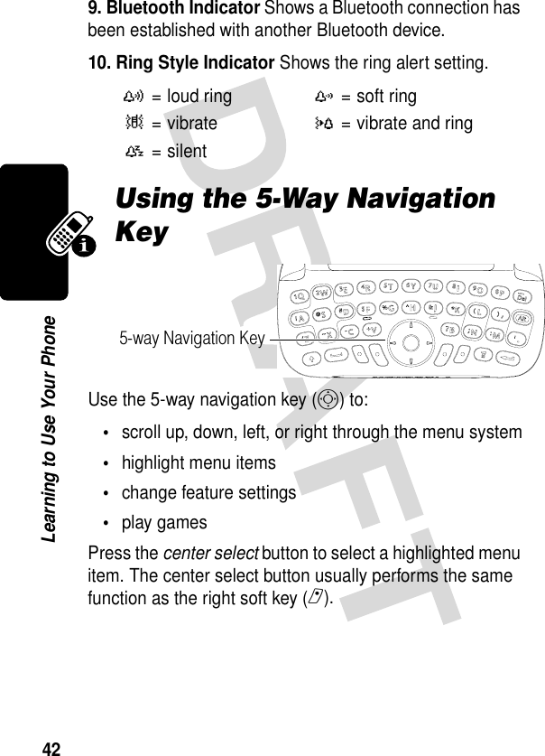 42Learning to Use Your Phone9. Bluetooth Indicator Shows a Bluetooth connection has been established with another Bluetooth device.10. Ring Style Indicator Shows the ring alert setting.Using the 5-Way Navigation KeyUse the 5-way navigation key (S) to:•scroll up, down, left, or right through the menu system•highlight menu items•change feature settings•play gamesPress the center select button to select a highlighted menu item. The center select button usually performs the same function as the right soft key (r).y= loud ringz= soft ring|=vibrate}= vibrate and ring{= silent5-way Navigation Key