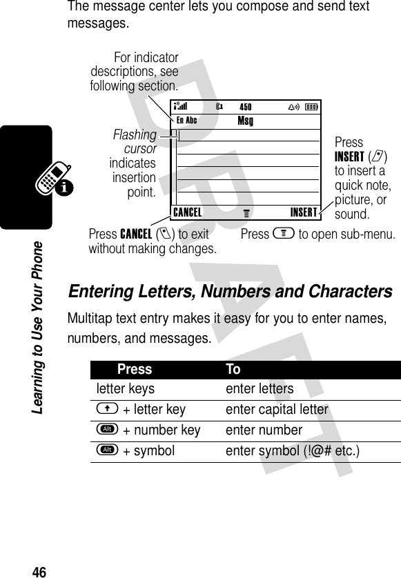 46Learning to Use Your PhoneThe message center lets you compose and send text messages.Entering Letters, Numbers and CharactersMultitap text entry makes it easy for you to enter names, numbers, and messages. Press Toletter keys enter lettersf + letter key enter capital lettera + number key enter numbera + symbol enter symbol (!@# etc.)450En AbcPress INSERT(r) to insert a quick note, picture, or sound.Press CANCEL(l) to exit without making changes.Press m to open sub-menu.Flashingcursorindicatesinsertionpoint.For indicatordescriptions, seefollowing section.@( yÉCANCELMINSERTMsg