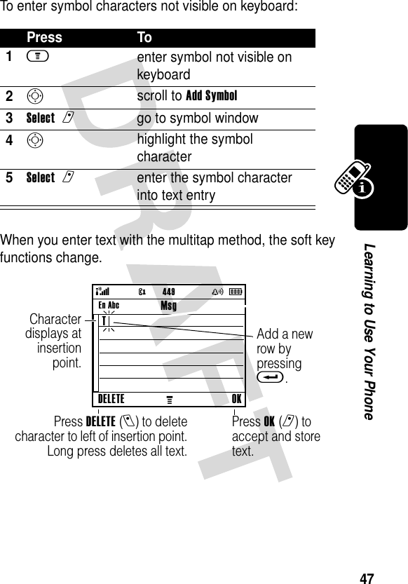 47Learning to Use Your PhoneTo enter symbol characters not visible on keyboard:When you enter text with the multitap method, the soft key functions change.Press To1m  enter symbol not visible on keyboard2S scroll to Add Symbol3Selectr  go to symbol window4S highlight the symbol character5Selectr  enter the symbol character into text entryAdd a new row by pressing t.Press DELETE(l) to deletecharacter to left of insertion point.Long press deletes all text.Characterdisplays atinsertionpoint.Press OK(r) to accept and store text.449En Abc@( yÉDELETEMOKMsgT 