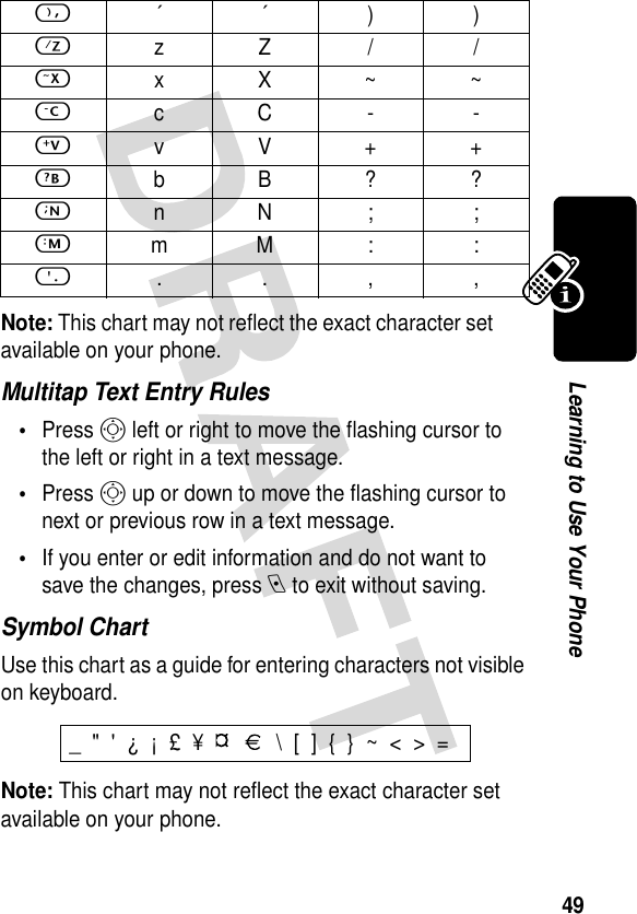 49Learning to Use Your PhoneNote: This chart may not reflect the exact character set available on your phone. Multitap Text Entry Rules•Press S left or right to move the flashing cursor to the left or right in a text message.•Press S up or down to move the flashing cursor to next or previous row in a text message.•If you enter or edit information and do not want to save the changes, press e to exit without saving.Symbol ChartUse this chart as a guide for entering characters not visible on keyboard.Note: This chart may not reflect the exact character set available on your phone. ,´´))ZzZ/ /XxX~~C cC- -VvV++BbB??NnN; ;MmM : :o..,,_ &quot; &apos; ¿ ¡ £ ¥     \ [ ] { } ~ &lt; &gt; = 