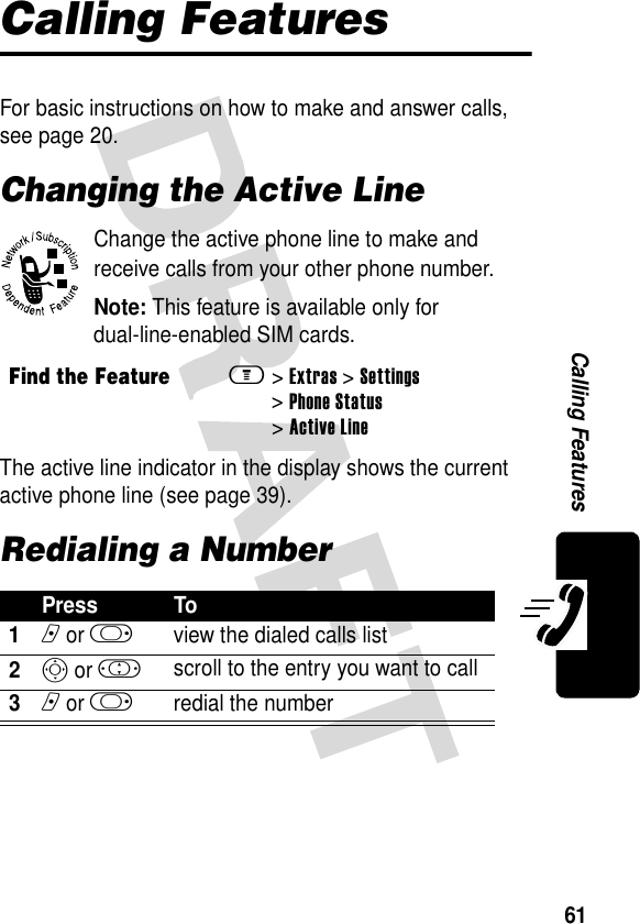 61Calling FeaturesCalling FeaturesFor basic instructions on how to make and answer calls, see page 20.Changing the Active LineChange the active phone line to make and receive calls from your other phone number.Note: This feature is available only for dual-line-enabled SIM cards.The active line indicator in the display shows the current active phone line (see page 39).Redialing a NumberFind the Featurem&gt;Extras &gt;Settings &gt;Phone Status &gt;Active LinePress To1n or k  view the dialed calls list2S or ! scroll to the entry you want to call3n or k  redial the number