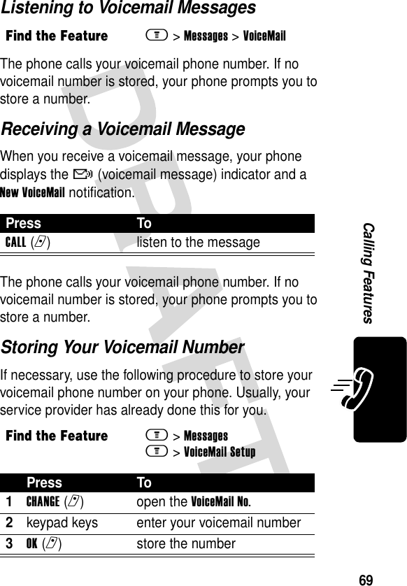 69Calling FeaturesListening to Voicemail MessagesThe phone calls your voicemail phone number. If no voicemail number is stored, your phone prompts you to store a number.Receiving a Voicemail MessageWhen you receive a voicemail message, your phone displays the &amp; (voicemail message) indicator and a New VoiceMail notification.The phone calls your voicemail phone number. If no voicemail number is stored, your phone prompts you to store a number.Storing Your Voicemail NumberIf necessary, use the following procedure to store your voicemail phone number on your phone. Usually, your service provider has already done this for you.Find the Featurem&gt;Messages &gt;VoiceMailPress ToCALL(n) listen to the messageFind the Featurem&gt;Messagesm&gt;VoiceMail SetupPress To1CHANGE(r) open the VoiceMail No.2keypad keys enter your voicemail number3OK(r) store the number