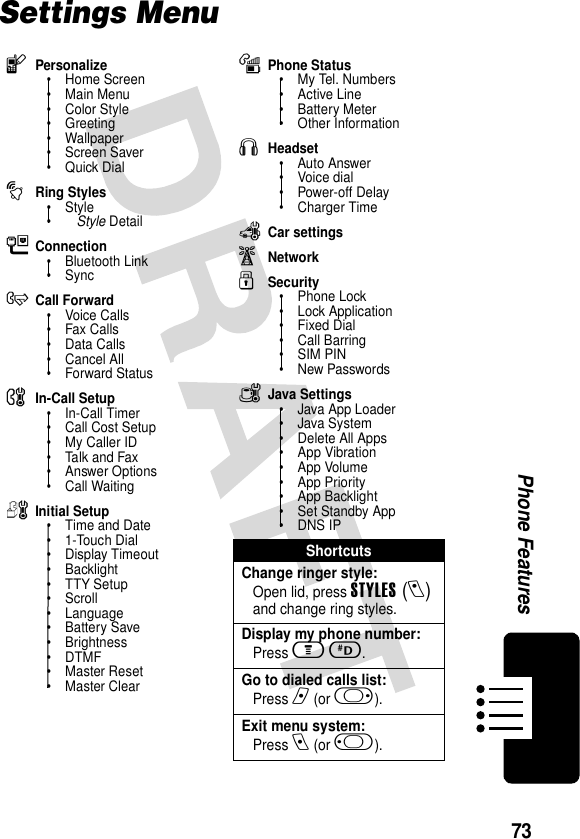 73Phone FeaturesSettings MenulPersonalize• Home Screen•Main Menu•Color Style•Greeting• Wallpaper•Screen Saver• Quick DialtRing Styles•Style•Style DetailLConnection• Bluetooth Link•SyncHCall Forward•Voice Calls•Fax Calls• Data Calls•Cancel All• Forward StatusUIn-Call Setup•In-Call Timer•Call Cost Setup•My Caller ID• Talk and Fax• Answer Options• Call WaitingZInitial Setup• Time and Date• 1-Touch Dial• Display Timeout•Backlight• TTY Setup•Scroll• Language•Battery Save• Brightness•DTMF•Master Reset•Master ClearmPhone Status•My Tel. Numbers• Active Line• Battery Meter• Other InformationSHeadset• Auto Answer• Voice dial•Power-off Delay•Charger TimeJCar settingsjNetworkuSecurity• Phone Lock• Lock Application•Fixed Dial• Call Barring•SIM PIN•New PasswordscJava Settings• Java App Loader• Java System• Delete All Apps• App Vibration•App Volume• App Priority•App Backlight• Set Standby App• DNS IPShortcutsChange ringer style:Open lid, press STYLES(l) and change ring styles.Display my phone number:Press mD.Go to dialed calls list:Press n (or k).Exit menu system:Press e (or j). 