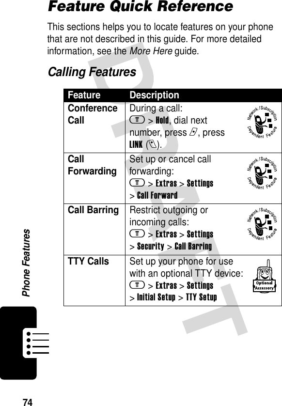 74Phone FeaturesFeature Quick ReferenceThis sections helps you to locate features on your phone that are not described in this guide. For more detailed information, see the More Here guide.Calling FeaturesFeature DescriptionConference Call During a call:m&gt;Hold, dial next number, press n, press LINK(l).Call Forwarding Set up or cancel call forwarding:m &gt;Extras &gt;Settings &gt;Call ForwardCall Barring Restrict outgoing or incoming calls:m &gt;Extras &gt;Settings &gt;Security &gt;Call BarringTTY Calls  Set up your phone for use with an optional TTY device:m &gt;Extras &gt;Settings &gt;Initial Setup &gt;TTY Setup