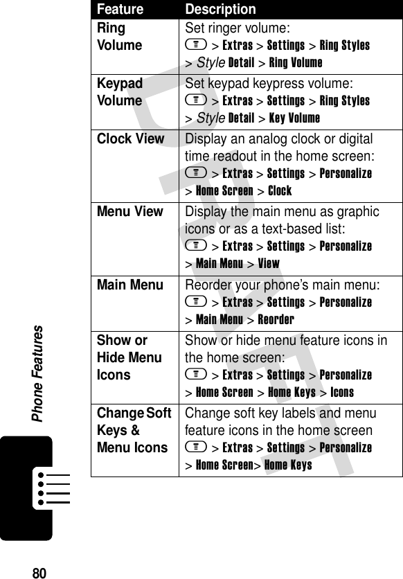 80Phone FeaturesRing Volume Set ringer volume:m &gt;Extras &gt;Settings &gt;Ring Styles &gt;StyleDetail &gt;Ring VolumeKeypad Volume Set keypad keypress volume:m &gt;Extras &gt;Settings &gt;Ring Styles &gt;StyleDetail &gt;Key VolumeClock View  Display an analog clock or digital time readout in the home screen:m &gt;Extras &gt;Settings &gt;Personalize &gt;Home Screen &gt;ClockMenu View  Display the main menu as graphic icons or as a text-based list:m &gt;Extras &gt;Settings &gt;Personalize &gt;Main Menu &gt;ViewMain Menu  Reorder your phone’s main menu:m &gt;Extras &gt;Settings &gt;Personalize &gt;Main Menu &gt;ReorderShow or Hide Menu Icons Show or hide menu feature icons in the home screen:m &gt;Extras &gt;Settings &gt;Personalize &gt;Home Screen &gt;Home Keys &gt; IconsChange Soft Keys &amp; Menu Icons Change soft key labels and menu feature icons in the home screenm &gt;Extras &gt;Settings &gt;Personalize &gt;Home Screen&gt;Home KeysFeature Description