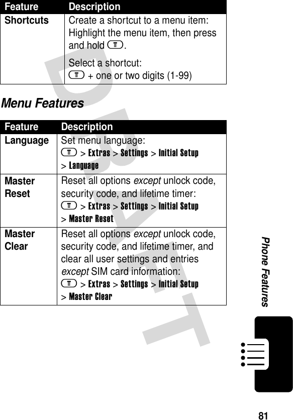 81Phone FeaturesMenu FeaturesShortcuts  Create a shortcut to a menu item:Highlight the menu item, then press and hold m.Select a shortcut:m + one or two digits (1-99)Feature DescriptionLanguage  Set menu language:m &gt;Extras &gt;Settings &gt;Initial Setup &gt;LanguageMaster Reset Reset all options except unlock code, security code, and lifetime timer:m &gt;Extras &gt;Settings &gt;Initial Setup &gt;Master ResetMaster Clear Reset all options except unlock code, security code, and lifetime timer, and clear all user settings and entries except SIM card information:m &gt;Extras &gt;Settings &gt;Initial Setup &gt;Master ClearFeature Description