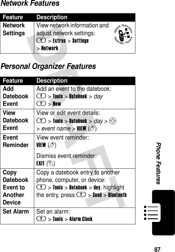 87Phone FeaturesNetwork FeaturesPersonal Organizer FeaturesFeature DescriptionNetwork Settings View network information and adjust network settings:m &gt;Extras &gt;Settings &gt;NetworkFeature DescriptionAdd Datebook Event Add an event to the datebook:m &gt;Tools &gt;Datebook &gt; daym &gt;NewView Datebook Event View or edit event details:m &gt;Tools &gt;Datebook &gt; day &gt;S &gt;event name &gt;VIEW(r) Event Reminder View event reminder:VIEW(r)Dismiss event reminder:EXIT(l)Copy Datebook Event to Another DeviceCopy a datebook entry to another phone, computer, or device:m &gt;Tools &gt;Datebook &gt;day, highlight the entry, press m &gt;Send &gt;BluetoothSet Alarm Set an alarm:m &gt;Tools &gt;Alarm Clock