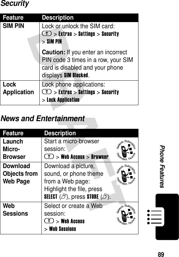 89Phone FeaturesSecurityNews and EntertainmentFeature DescriptionSIM PIN Lock or unlock the SIM card:m &gt;Extras &gt;Settings &gt;Security &gt;SIM PINCaution: If you enter an incorrect PIN code 3 times in a row, your SIM card is disabled and your phone displays SIM Blocked.Lock Application Lock phone applications:m &gt;Extras &gt;Settings &gt;Security &gt;Lock ApplicationFeature DescriptionLaunch Micro-Browser Start a micro-browser session:m &gt;Web Access &gt;BrowserDownload Objects from Web Page Download a picture, sound, or phone theme from a Web page:Highlight the file, press SELECT(r), press STORE(r).Web Sessions Select or create a Web session:m &gt;Web Access &gt;Web Sessions