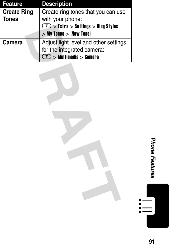 91Phone FeaturesCreate Ring Tones Create ring tones that you can use with your phone:m &gt; Extra &gt;Settings &gt;Ring Styles &gt;My Tones &gt;[New Tone]Camera  Adjust light level and other settings for the integrated camera:m &gt;Multimedia &gt;CameraFeature Description