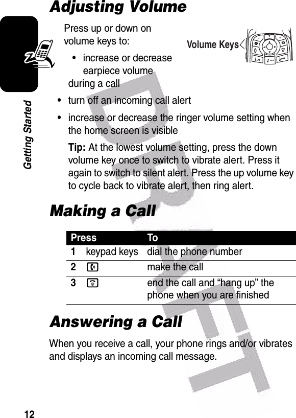  12Getting StartedAdjusting VolumePress up or down on volume keys to:•increase or decrease earpiece volume during a call•turn off an incoming call alert•increase or decrease the ringer volume setting when the home screen is visibleTip: At the lowest volume setting, press the down volume key once to switch to vibrate alert. Press it again to switch to silent alert. Press the up volume key to cycle back to vibrate alert, then ring alert.Making a CallAnswering a CallWhen you receive a call, your phone rings and/or vibrates and displays an incoming call message.Press To1keypad keys dial the phone number2nmake the call3oend the call and “hang up” the phone when you are finishedVolume Keys