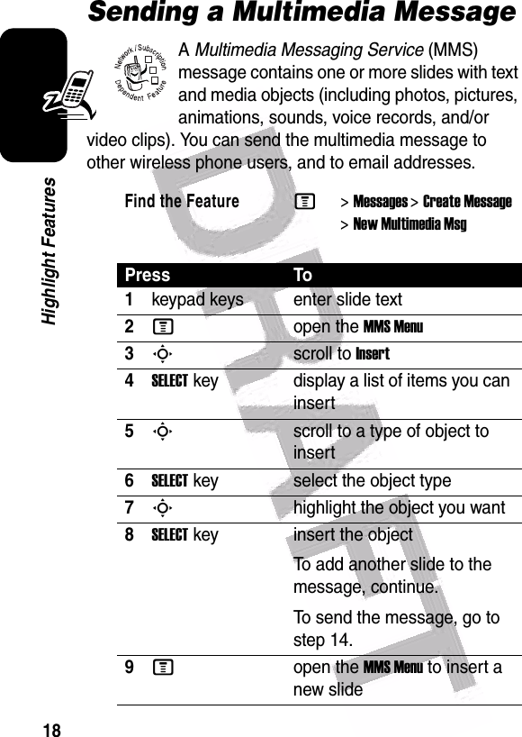  18Highlight FeaturesSending a Multimedia MessageA Multimedia Messaging Service (MMS) message contains one or more slides with text and media objects (including photos, pictures, animations, sounds, voice records, and/or video clips). You can send the multimedia message to other wireless phone users, and to email addresses.Find the FeatureM&gt;Messages &gt;Create Message &gt;New Multimedia MsgPress To1keypad keys enter slide text2Mopen the MMS Menu3Sscroll to Insert4SELECTkey display a list of items you can insert5Sscroll to a type of object to insert6SELECTkey select the object type7Shighlight the object you want8SELECTkey insert the objectTo add another slide to the message, continue.To send the message, go to step 14.9Mopen the MMS Menu to insert a new slide032380o