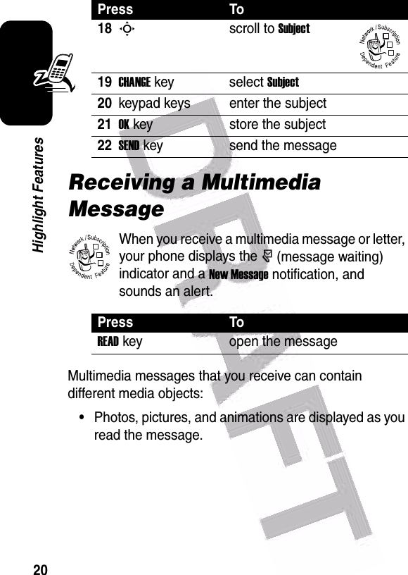  20Highlight FeaturesReceiving a Multimedia MessageWhen you receive a multimedia message or letter, your phone displays the r (message waiting) indicator and a New Message notification, and sounds an alert.Multimedia messages that you receive can contain different media objects:•Photos, pictures, and animations are displayed as you read the message.18Sscroll to Subject19CHANGEkey select Subject20keypad keys enter the subject21OKkey store the subject22SENDkey send the messagePress ToREADkey open the messagePress To032380o032380o