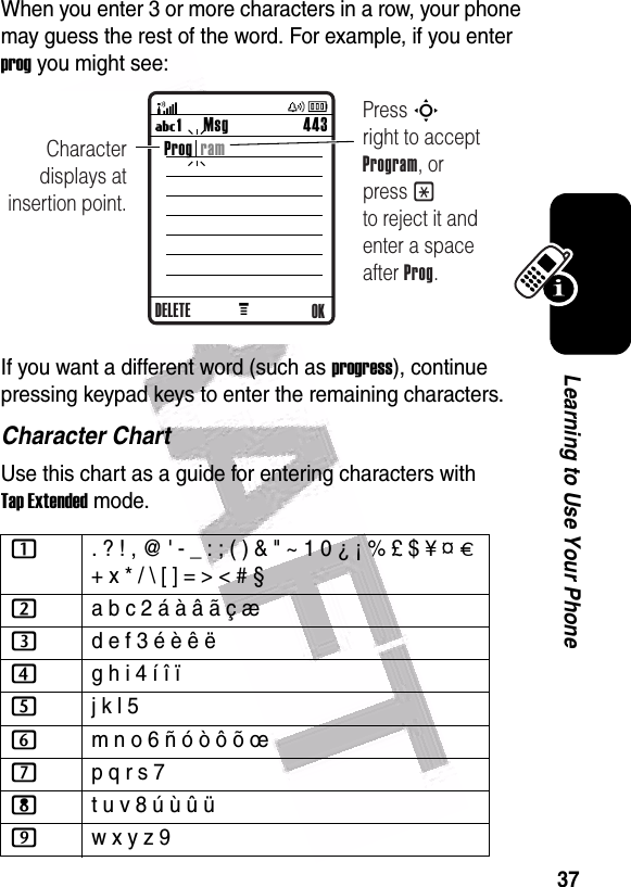  37Learning to Use Your PhoneWhen you enter 3 or more characters in a row, your phone may guess the rest of the word. For example, if you enter prog you might see:If you want a different word (such as progress), continue pressing keypad keys to enter the remaining characters.Character ChartUse this chart as a guide for entering characters with Tap Extended mode.1. ? ! , @ &apos; - _ : ; ( ) &amp; &quot; ~ 1 0 ¿ ¡ % £ $ ¥ ¤ £ + x * / \ [ ] = &gt; &lt; # § 2a b c 2 á à â ã ç æ3d e f 3 é è ê ë4g h i 4 í î ï 5j k l 5 6m n o 6 ñ ó ò ô õ œ 7p q r s 7 8t u v 8 ú ù û ü9w x y z 9 Msg 443U1 MCharacter displays at insertion point.Press S       right to accept Program, or press * to reject it and enter a space after Prog.OKProg  ramDELETE