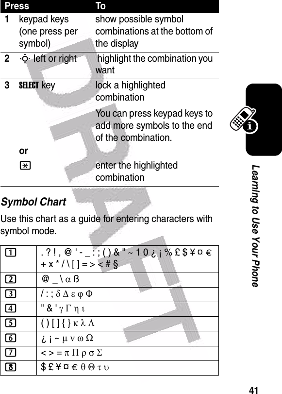  41Learning to Use Your PhoneSymbol ChartUse this chart as a guide for entering characters with symbol mode.Press To1keypad keys (one press per symbol)show possible symbol combinations at the bottom of the display2S left or right  highlight the combination you want3SELECTkeyorlock a highlighted combinationYou can press keypad keys to add more symbols to the end of the combination.*enter the highlighted combination1. ? ! , @ &apos; - _ : ; ( ) &amp; &quot; ~ 1 0 ¿ ¡ % £ $ ¥ ¤ £ + x * / \ [ ] = &gt; &lt; # § 2@ _ \ α ß3/ : ; δ ∆ ε ϕ Φ4&quot; &amp; &apos; γ Γ η ι5( ) [ ] { } κ λ Λ 6¿ ¡ ~ µ ν ω Ω7&lt; &gt; = π Π ρ σ Σ8$ £ ¥ ¤ £ θ Θ τ υ