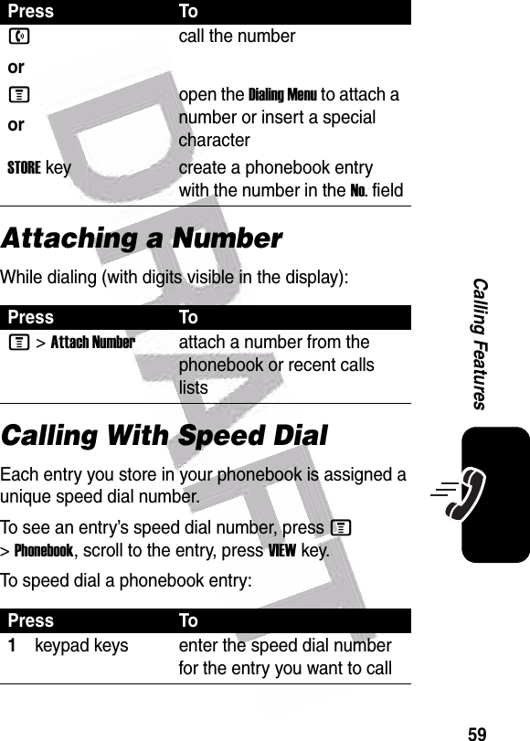  59Calling FeaturesAttaching a NumberWhile dialing (with digits visible in the display):Calling With Speed DialEach entry you store in your phonebook is assigned a unique speed dial number.To see an entry’s speed dial number, press M &gt;Phonebook, scroll to the entry, press VIEWkey.To speed dial a phonebook entry:Press Tonorcall the numberMoropen the Dialing Menu to attach a number or insert a special characterSTOREkey create a phonebook entry with the number in the No. fieldPress ToM &gt;Attach Numberattach a number from the phonebook or recent calls listsPress To1keypad keys enter the speed dial number for the entry you want to call