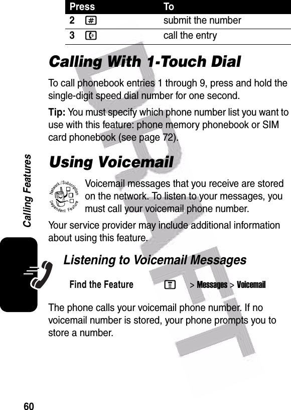  60Calling FeaturesCalling With 1-Touch DialTo call phonebook entries 1 through 9, press and hold the single-digit speed dial number for one second.Tip: You must specify which phone number list you want to use with this feature: phone memory phonebook or SIM card phonebook (see page 72).Using VoicemailVoicemail messages that you receive are stored on the network. To listen to your messages, you must call your voicemail phone number.Your service provider may include additional information about using this feature.Listening to Voicemail MessagesThe phone calls your voicemail phone number. If no voicemail number is stored, your phone prompts you to store a number.2#submit the number3ncall the entryFind the FeatureM&gt;Messages &gt;VoicemailPress To032380o