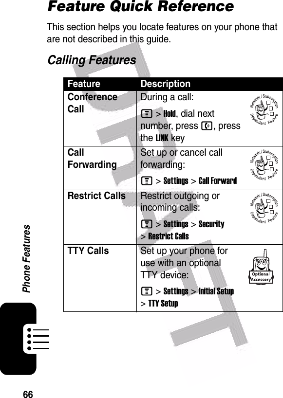  66Phone FeaturesFeature Quick ReferenceThis section helps you locate features on your phone that are not described in this guide.Calling FeaturesFeature DescriptionConference Call During a call:M&gt;Hold, dial next number, press n, press the LINKkeyCall ForwardingSet up or cancel call forwarding:M &gt;Settings &gt;Call ForwardRestrict CallsRestrict outgoing or incoming calls:M &gt;Settings &gt;Security &gt;Restrict CallsTTY Calls Set up your phone for use with an optional TTY device:M &gt;Settings &gt;Initial Setup &gt;TTY Setup032380o032380o032380o