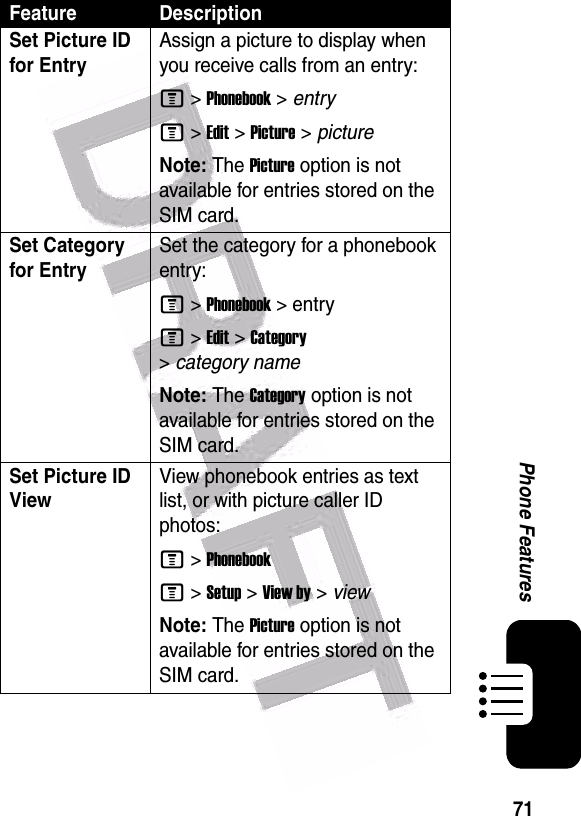  71Phone FeaturesSet Picture ID for EntryAssign a picture to display when you receive calls from an entry:M &gt;Phonebook &gt; entryM &gt;Edit &gt;Picture &gt; pictureNote: The Picture option is not available for entries stored on the SIM card.Set Category for EntrySet the category for a phonebook entry:M &gt;Phonebook &gt;entryM &gt;Edit &gt;Category &gt;category nameNote: The Category option is not available for entries stored on the SIM card.Set Picture ID ViewView phonebook entries as text list, or with picture caller ID photos:M &gt;PhonebookM &gt;Setup &gt;View by &gt; viewNote: The Picture option is not available for entries stored on the SIM card.Feature Description