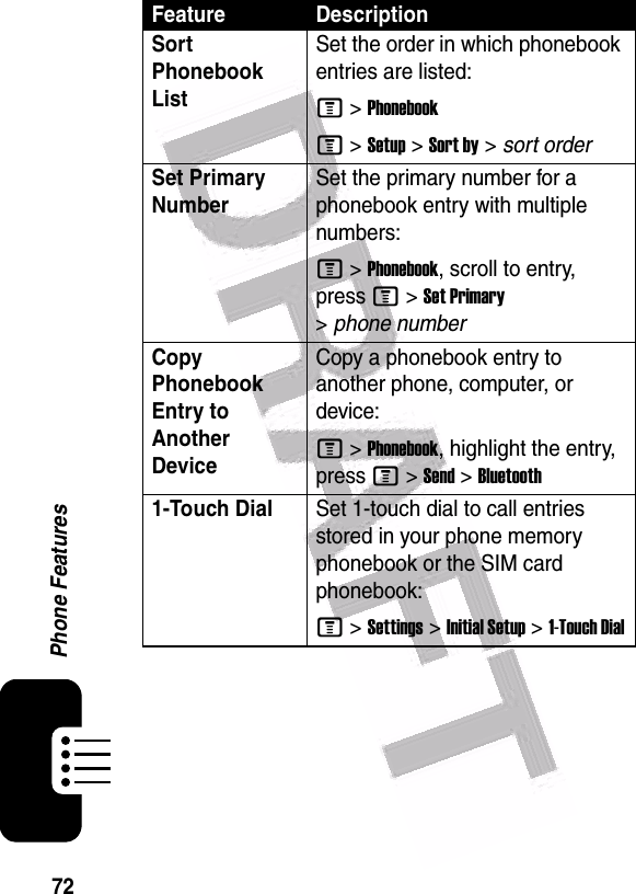  72Phone FeaturesSort Phonebook ListSet the order in which phonebook entries are listed:M &gt;PhonebookM &gt;Setup &gt;Sort by &gt; sort orderSet Primary NumberSet the primary number for a phonebook entry with multiple numbers:M &gt;Phonebook, scroll to entry, press M &gt;Set Primary &gt;phone numberCopy Phonebook Entry to Another DeviceCopy a phonebook entry to another phone, computer, or device:M &gt;Phonebook, highlight the entry, press M &gt;Send &gt;Bluetooth1-Touch DialSet 1-touch dial to call entries stored in your phone memory phonebook or the SIM card phonebook:M &gt;Settings &gt;Initial Setup &gt;1-Touch DialFeature Description