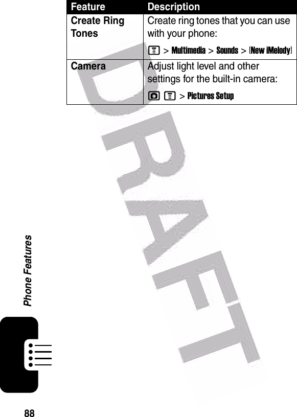  88Phone FeaturesCreate Ring Tones Create ring tones that you can use with your phone:M &gt;Multimedia &gt;Sounds &gt;[New iMelody]Camera Adjust light level and other settings for the built-in camera:jM&gt;Pictures SetupFeature Description