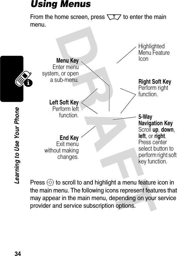 DRAFT 34Learning to Use Your PhoneUsing MenusFrom the home screen, press M to enter the main menu.Press S to scroll to and highlight a menu feature icon in the main menu. The following icons represent features that may appear in the main menu, depending on your service provider and service subscription options.Highlighted Menu Feature IconEnd Key Exit menu without making changes.Left Soft Key Perform left function.Menu Key Enter menu system, or open a sub-menu.5-Way Navigation Key Scroll up, down, left, or right. Press center select button to perform right soft key function.Right Soft Key Perform right function.