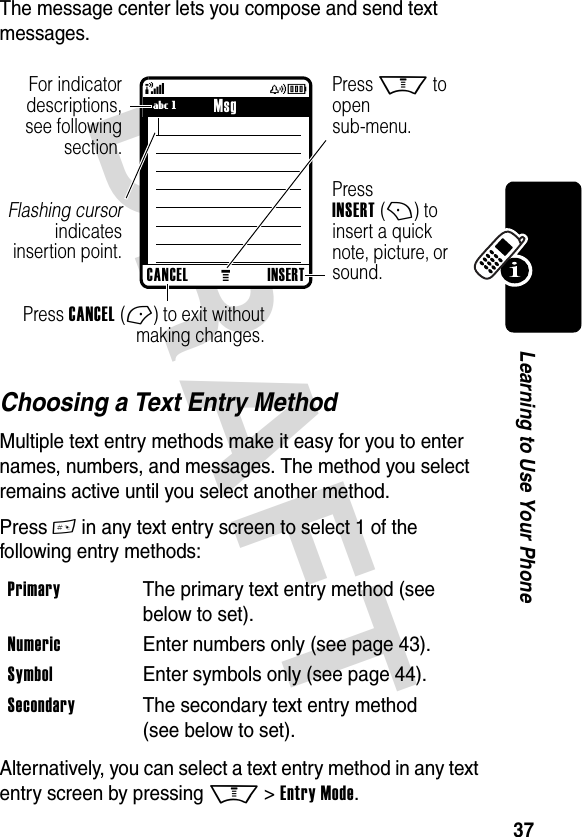 DRAFT 37Learning to Use Your PhoneThe message center lets you compose and send text messages.Choosing a Text Entry MethodMultiple text entry methods make it easy for you to enter names, numbers, and messages. The method you select remains active until you select another method.Press # in any text entry screen to select 1 of the following entry methods:Alternatively, you can select a text entry method in any text entry screen by pressing M &gt; Entry Mode.Primary The primary text entry method (see below to set).Numeric Enter numbers only (see page 43).Symbol Enter symbols only (see page 44).Secondary The secondary text entry method (see below to set).449 CANCELMINSERT(yÉUgMsgPress INSERT (+) to insert a quick note, picture, or sound.Press CANCEL (-) to exit without making changes.Press M to open sub-menu.Flashing cursor indicates insertion point.For indicator descriptions, see following section.