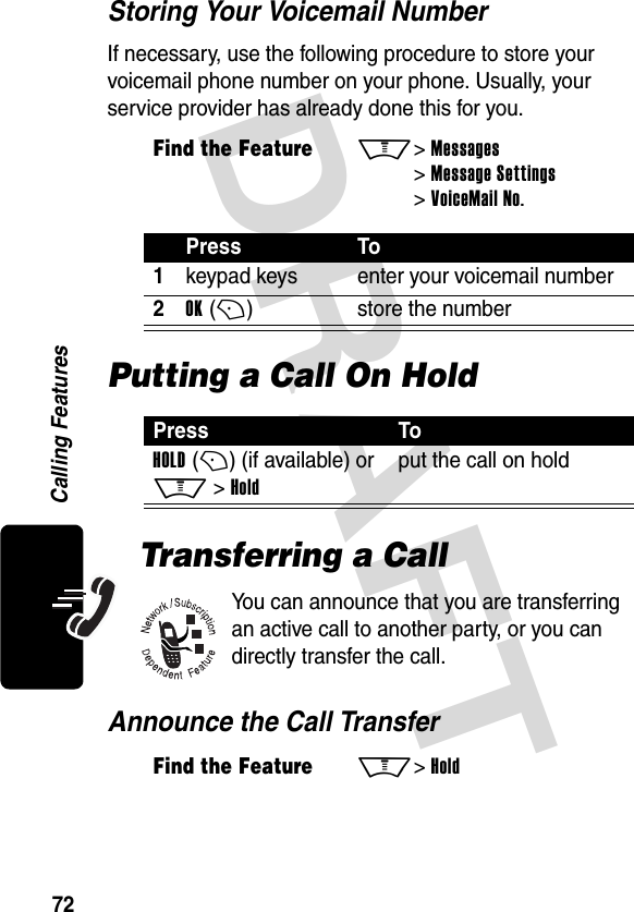 DRAFT 72Calling FeaturesStoring Your Voicemail NumberIf necessary, use the following procedure to store your voicemail phone number on your phone. Usually, your service provider has already done this for you.Putting a Call On HoldTransferring a CallYou can announce that you are transferring an active call to another party, or you can directly transfer the call.Announce the Call TransferFind the FeatureM&gt; Messages &gt; Message Settings &gt; VoiceMail No.Press To1keypad keys enter your voicemail number2OK (+)store the numberPress ToHOLD (+) (if available) or M &gt; Holdput the call on holdFind the FeatureM&gt; Hold