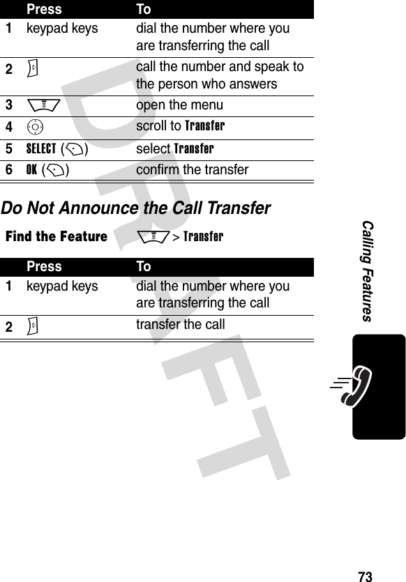 DRAFT 73Calling FeaturesDo Not Announce the Call TransferPress To1keypad keys dial the number where you are transferring the call2N call the number and speak to the person who answers3M open the menu4S scroll to Transfer5SELECT (+)select Transfer6OK (+)confirm the transferFind the FeatureM&gt; TransferPress To1keypad keys dial the number where you are transferring the call2N transfer the call