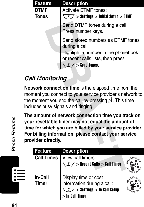 DRAFT 84Phone FeaturesCall MonitoringNetwork connection time is the elapsed time from the moment you connect to your service provider&apos;s network to the moment you end the call by pressing O. This time includes busy signals and ringing.The amount of network connection time you track on your resettable timer may not equal the amount of time for which you are billed by your service provider. For billing information, please contact your service provider directly.DTMF Tones Activate DTMF tones: M &gt; Settings &gt; Initial Setup &gt; DTMFSend DTMF tones during a call: Press number keys.Send stored numbers as DTMF tones during a call: Highlight a number in the phonebook or recent calls lists, then press M &gt; Send Tones.Feature DescriptionCall TimesView call timers: M &gt; Recent Calls &gt; Call TimesIn-Call TimerDisplay time or cost information during a call: M &gt; Settings &gt; In-Call Setup &gt; In-Call TimerFeature Description