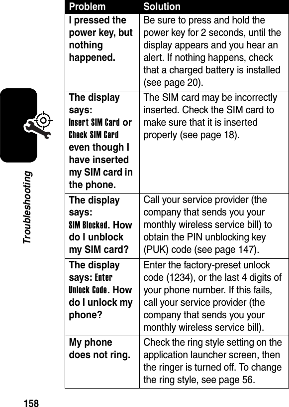  158TroubleshootingI pressed the power key, but nothing happened. Be sure to press and hold the power key for 2 seconds, until the display appears and you hear an alert. If nothing happens, check that a charged battery is installed (see page 20).The display says: Insert SIM Card or Check SIM Card even though I have inserted my SIM card in the phone.The SIM card may be incorrectly inserted. Check the SIM card to make sure that it is inserted properly (see page 18).The display says: SIM Blocked. How do I unblock my SIM card? Call your service provider (the company that sends you your monthly wireless service bill) to obtain the PIN unblocking key (PUK) code (see page 147).The display says: Enter Unlock Code. How do I unlock my phone? Enter the factory-preset unlock code (1234), or the last 4 digits of your phone number. If this fails, call your service provider (the company that sends you your monthly wireless service bill). My phone does not ring. Check the ring style setting on the application launcher screen, then the ringer is turned off. To change the ring style, see page 56.Problem Solution