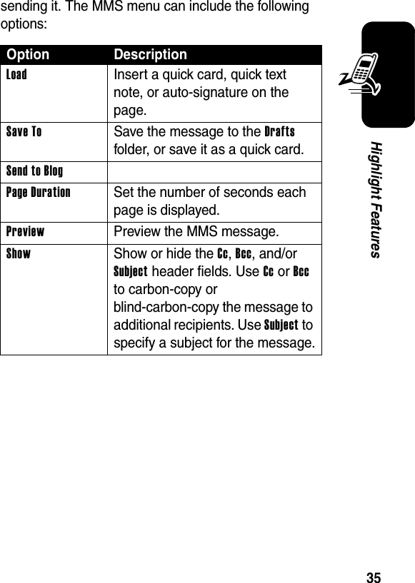  35Highlight Featuressending it. The MMS menu can include the following options:Option DescriptionLoad  Insert a quick card, quick text note, or auto-signature on the page.Save To  Save the message to the Drafts folder, or save it as a quick card.Send to BlogPage Duration  Set the number of seconds each page is displayed.Preview  Preview the MMS message.Show  Show or hide the Cc, Bcc, and/or Subject header fields. Use Cc or Bcc to carbon-copy or blind-carbon-copy the message to additional recipients. Use Subject to specify a subject for the message.