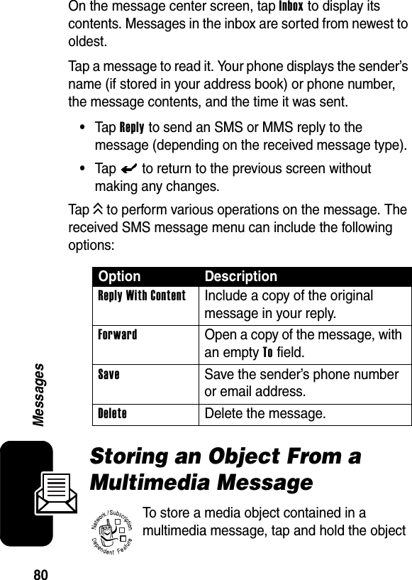  80MessagesOn the message center screen, tap Inbox to display its contents. Messages in the inbox are sorted from newest to oldest.Tap a message to read it. Your phone displays the sender’s name (if stored in your address book) or phone number, the message contents, and the time it was sent.•Tap Reply to send an SMS or MMS reply to the message (depending on the received message type).•Tap   to return to the previous screen without making any changes.Tap K to perform various operations on the message. The received SMS message menu can include the following options:Storing an Object From a Multimedia MessageTo store a media object contained in a multimedia message, tap and hold the object Option DescriptionReply With Content  Include a copy of the original message in your reply.Forward  Open a copy of the message, with an empty To field.Save  Save the sender’s phone number or email address.Delete  Delete the message.032380o