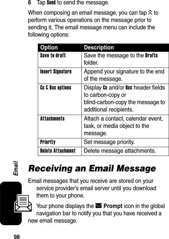  98Email6Tap Send to send the message.When composing an email message, you can tap K to perform various operations on the message prior to sending it. The email message menu can include the following options:Receiving an Email MessageEmail messages that you receive are stored on your service provider’s email server until you download them to your phone.Your phone displays the EPrompt icon in the global navigation bar to notify you that you have received a new email message.Option DescriptionSave to draftSave the message to the Drafts folder.Insert Signature  Append your signature to the end of the message.Cc &amp; Bcc optionsDisplay Cc and/or Bcc header fields to carbon-copy or blind-carbon-copy the message to additional recipients.Attachments  Attach a contact, calendar event, task, or media object to the message.Priority Set message priority.Delete Attachment Delete message attachments.