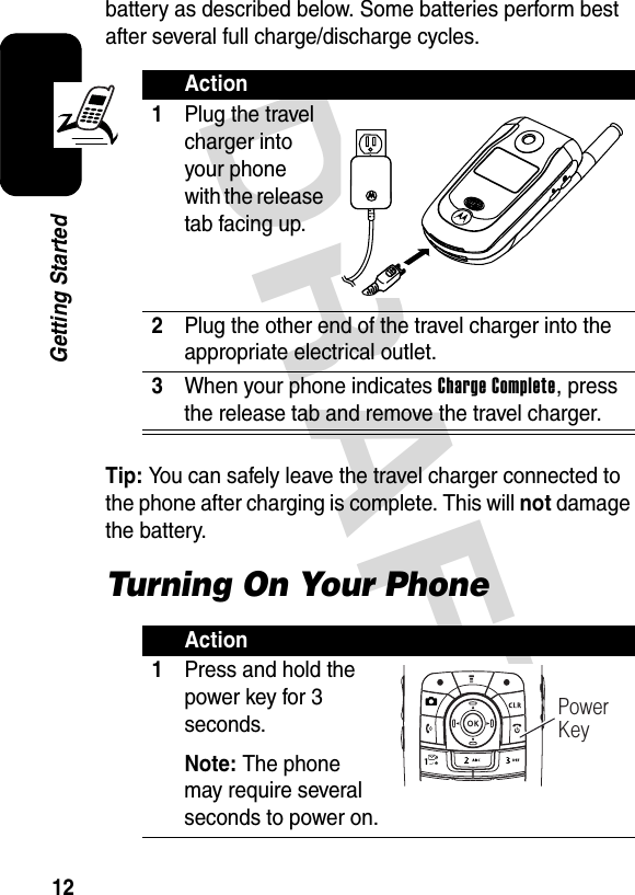 DRAFT 12Getting Startedbattery as described below. Some batteries perform best after several full charge/discharge cycles.Tip: You can safely leave the travel charger connected to the phone after charging is complete. This will not damage the battery.Turning On Your PhoneAction1Plug the travel charger into your phone with the release tab facing up.2Plug the other end of the travel charger into the appropriate electrical outlet.3When your phone indicates Charge Complete, press the release tab and remove the travel charger.Action1Press and hold the power key for 3 seconds.Note: The phone may require several seconds to power on.Power Key