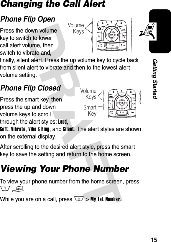 DRAFT 15Getting StartedChanging the Call AlertPhone Flip OpenPress the down volume key to switch to lower call alert volume, then switch to vibrate and, finally, silent alert. Press the up volume key to cycle back from silent alert to vibrate and then to the lowest alert volume setting.Phone Flip ClosedPress the smart key, then press the up and down volume keys to scroll through the alert styles: Loud, Soft, Vibrate, Vibe &amp; Ring, and Silent. The alert styles are shown on the external display.After scrolling to the desired alert style, press the smart key to save the setting and return to the home screen.Viewing Your Phone NumberTo view your phone number from the home screen, press M#.While you are on a call, press M &gt;My Tel. Number.Volume KeysVolume KeysSmart Key