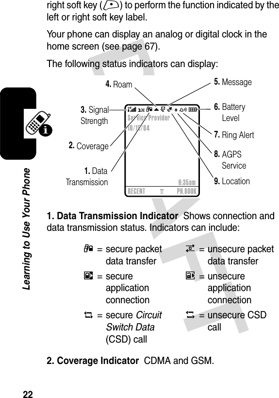 DRAFT 22Learning to Use Your Phoneright soft key (+) to perform the function indicated by the left or right soft key label.Your phone can display an analog or digital clock in the home screen (see page 67).The following status indicators can display:1. Data Transmission Indicator  Shows connection and data transmission status. Indicators can include:2. Coverage Indicator  CDMA and GSM.4= secure packet data transfer7= unsecure packet data transfer3= secure application connection6= unsecure application connection2= secure Circuit Switch Data (CSD) call5= unsecure CSD call 032419o(O4\rÑuyÉ2.3.5.6.1.7.9.      Signal   Strength Coverage             Data TransmissionMessageBatteryLevelRing AlertLocation4.RoamRECENT PH.BOOK6:35amService Provider10/15/048.AGPS Service