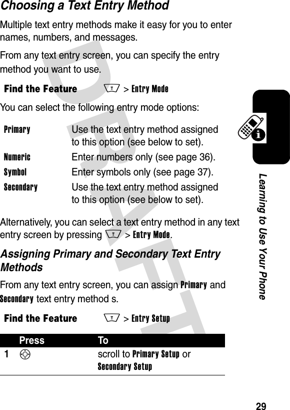 DRAFT 29Learning to Use Your PhoneChoosing a Text Entry MethodMultiple text entry methods make it easy for you to enter names, numbers, and messages. From any text entry screen, you can specify the entry method you want to use.You can select the following entry mode options:Alternatively, you can select a text entry method in any text entry screen by pressing M&gt;Entry Mode.Assigning Primary and Secondary Text Entry MethodsFrom any text entry screen, you can assign Primary and Secondary text entry method s.Find the FeatureM&gt;Entry ModePrimary  Use the text entry method assigned to this option (see below to set).Numeric  Enter numbers only (see page 36).Symbol  Enter symbols only (see page 37).Secondary  Use the text entry method assigned to this option (see below to set).Find the FeatureM&gt;Entry SetupPress To1Sscroll to Primary Setup or Secondary Setup