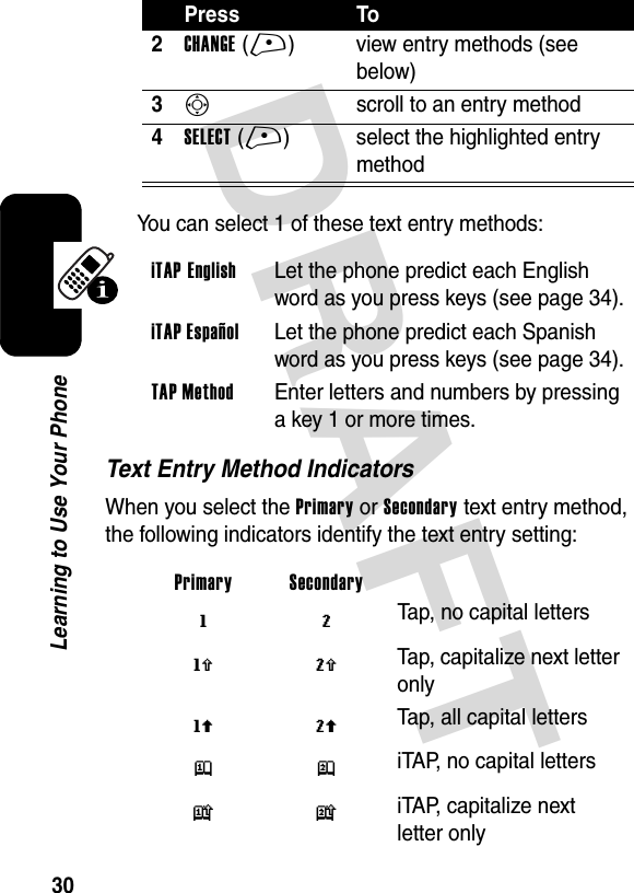 DRAFT 30Learning to Use Your PhoneYou can select 1 of these text entry methods:Text Entry Method IndicatorsWhen you select the Primary or Secondary text entry method, the following indicators identify the text entry setting:2CHANGE(+) view entry methods (see below)3Sscroll to an entry method4SELECT(+) select the highlighted entry methodiTAP EnglishLet the phone predict each English word as you press keys (see page 34).iTAP EspañolLet the phone predict each Spanish word as you press keys (see page 34).TAP MethodEnter letters and numbers by pressing a key 1 or more times.Primary Secondary g m Tap, no capital lettersh q Tap, capitalize next letter onlyf l Tap, all capital lettersj p iTAP, no capital lettersk n iTAP, capitalize next letter onlyPress To