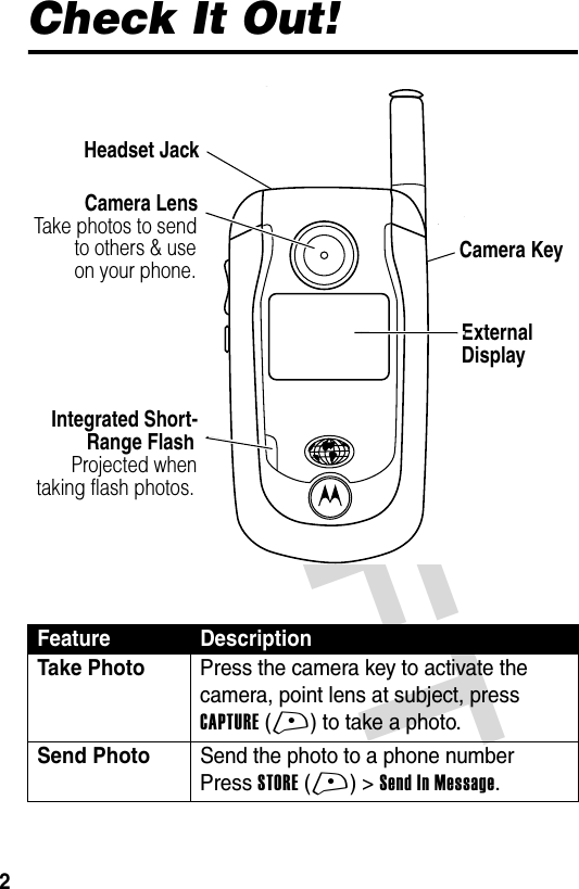 DRAFT 2Check It Out!Feature DescriptionTake Photo  Press the camera key to activate the camera, point lens at subject, press CAPTURE(+) to take a photo.Send Photo  Send the photo to a phone numberPress STORE(+) &gt;Send In Message.Headset Jack          Camera Lens Take photos to send        to others &amp; use        on your phone.ExternalDisplay   Integrated Short-          Range Flash       Projected when   taking flash photos.Camera Key