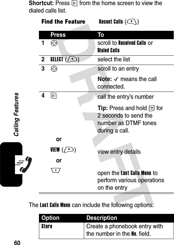 DRAFT 60Calling FeaturesShortcut: Press N from the home screen to view the dialed calls list.The Last Calls Menu can include the following options:Find the FeatureRecent Calls(-)Press To1S scroll to Received Calls or Dialed Calls2SELECT(+) select the list3S  scroll to an entryNote: &lt; means the call connected.4N orVIEW(+)orM call the entry’s numberTip: Press and hold O for 2 seconds to send the number as DTMF tones during a call.view entry detailsopen the Last Calls Menu to perform various operations on the entryOption DescriptionStore  Create a phonebook entry with the number in the No. field.