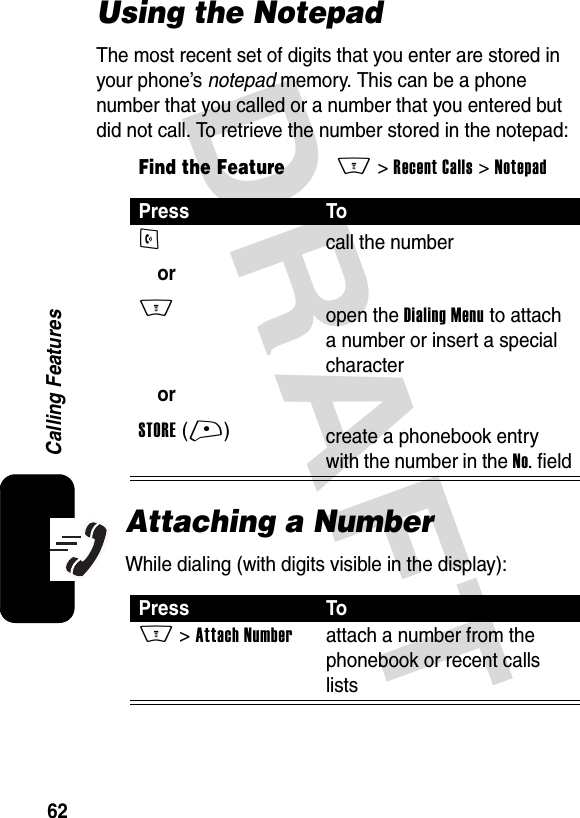 DRAFT 62Calling FeaturesUsing the NotepadThe most recent set of digits that you enter are stored in your phone’s notepad memory. This can be a phone number that you called or a number that you entered but did not call. To retrieve the number stored in the notepad:Attaching a NumberWhile dialing (with digits visible in the display):Find the FeatureM&gt;Recent Calls &gt;NotepadPress ToN orM orSTORE(+)call the numberopen the Dialing Menu to attach a number or insert a special charactercreate a phonebook entry with the number in the No. fieldPress ToM &gt;Attach Numberattach a number from the phonebook or recent calls lists