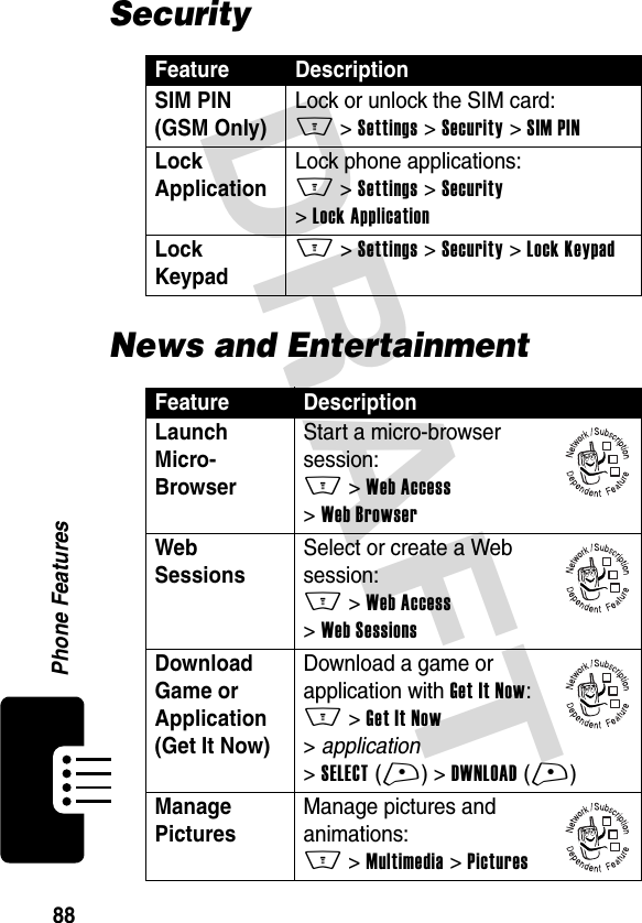 DRAFT 88Phone FeaturesSecurityNews and EntertainmentFeature DescriptionSIM PIN (GSM Only)Lock or unlock the SIM card: M &gt; Settings &gt; Security &gt; SIM PINLock Application Lock phone applications: M &gt; Settings &gt; Security &gt; Lock ApplicationLock KeypadM &gt; Settings &gt; Security &gt; Lock KeypadFeature DescriptionLaunch Micro- BrowserStart a micro-browser session: M &gt; Web Access &gt; Web BrowserWeb SessionsSelect or create a Web session: M &gt; Web Access &gt; Web SessionsDownload Game or Application (Get It Now)Download a game or application with Get It Now: M &gt; Get It Now &gt; application &gt; SELECT (+) &gt; DWNLOAD (+)Manage Pictures Manage pictures and animations: M &gt; Multimedia &gt; Pictures032380o032380o032380o032380o